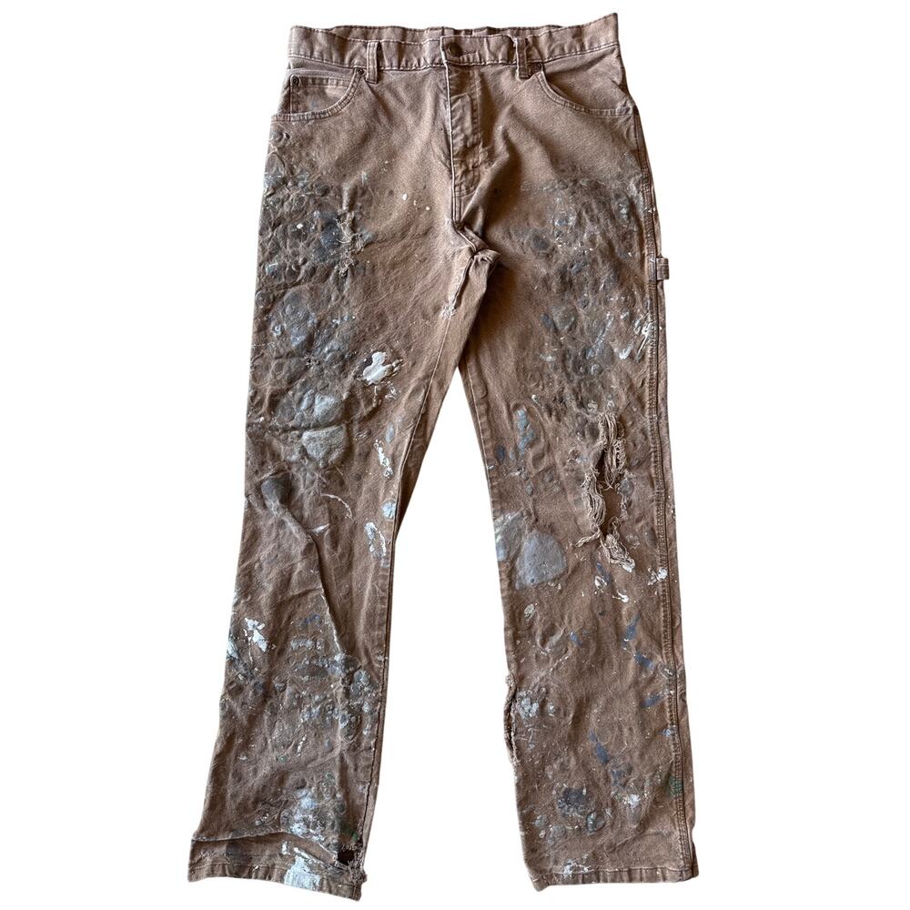 Dickies Brown Duck Canvas Carpenter Pants 34x34 Distressed Paint Splatter